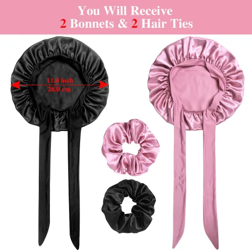 Miniatura 2 de 2+2 gorros de satén con coleteros para niños, bonitos gorros de pelo para niñas para dormir cabello rizado, A