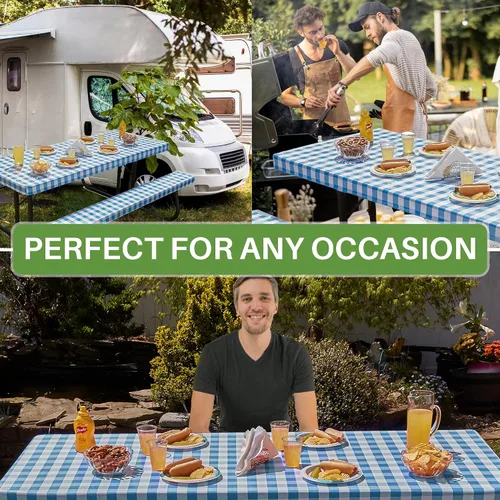 Miniatura 9 de Funda de mesa de picnic con fundas de banco, 500 GSM, reutilizable, de vinilo resistente, para exteriores, mantel de picnic impermeable con funda