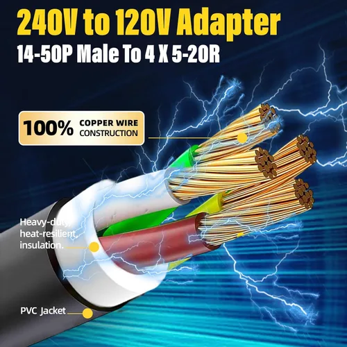 Miniatura 2 de S7 Adaptador de 50 amperios a 110, adaptador de 240 V a 120 V, 4 clavijas NEMA 14-50P macho a 4X 5-20R enchufe doméstico hembra de 1.8 pies