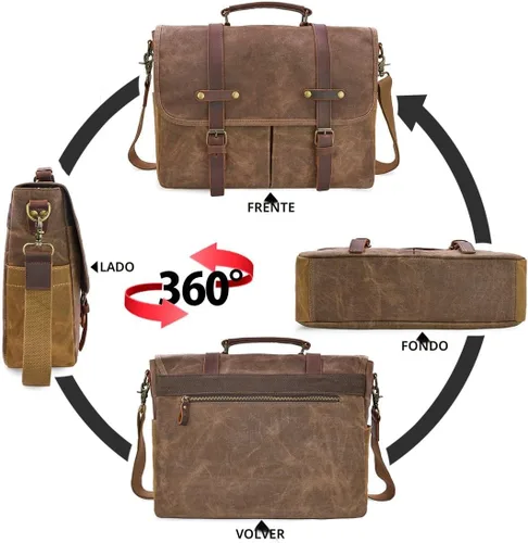 Miniatura 6 de Bolso mensajero para hombre de 15.6 pulgadas, impermeable, de cuero auténtico, encerado, maletín de lona grande, bolso de hombro de cuero resistente