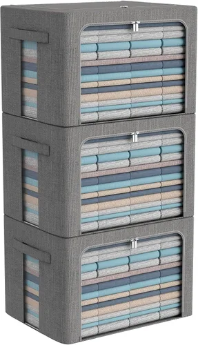 Miniatura 18 de CYhom Paquete de 3 contenedores plegables de almacenamiento - Caja de almacenamiento con marco de tela de lino apilable para ropa con ventana