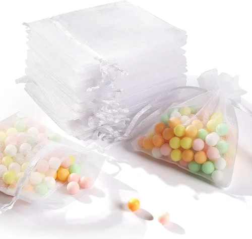 ENNIYU Bolsas de organza transparente, bolsas de recuerdo de fiesta de boda de 3 x 4 con cordón, bolsas de regalo de malla blanca para regalos Blanco