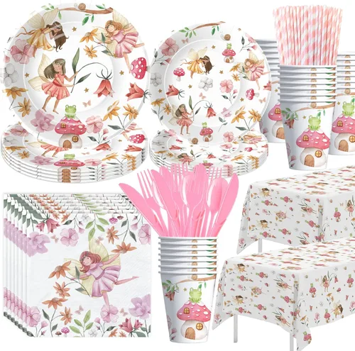 Xigejob Vajilla de decoración de fiesta de hadas, suministros para fiesta de cumpleaños de hadas, plato, taza, servilleta, mantel, cubiertos, hadas