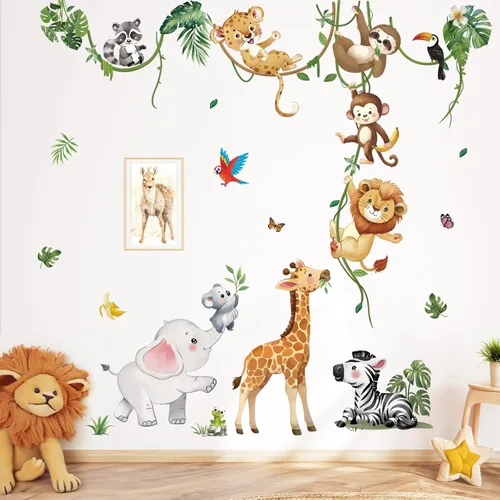 decalmile Calcomanías de pared de animales del safari Calcomanías de pared de animales de la selva Animales trepadores de árbol Jirafa Elefante León