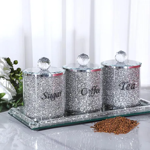 Miniatura 5 de JUXYES Juego de 4 recipientes de cristal chispeante con diamantes triturados para azúcar, café y té, incluye bandeja, lujosos recipientes
