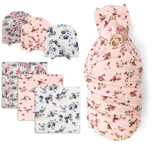 Miniatura 21 de DRESHOW BQUBO Manta de Recepción para Recién Nacido con Conjunto de Gorro con Lazo Estampado de Flores Manta Envolvente para Bebé con Gorro 1 juego