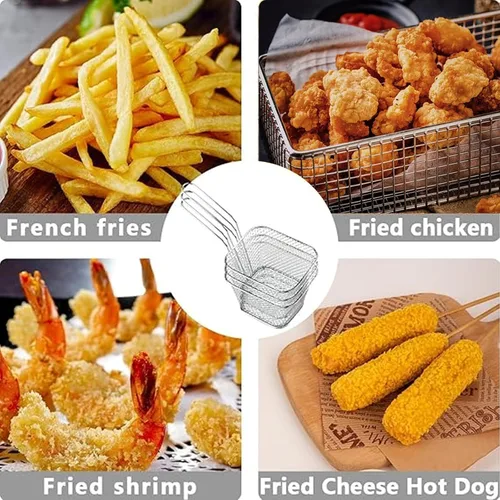 Miniatura 4 de 12 cestas cuadradas de acero inoxidable para freír con asa, cestas de alimentos para servir reutilizables, mini freidora con cesta para cocina