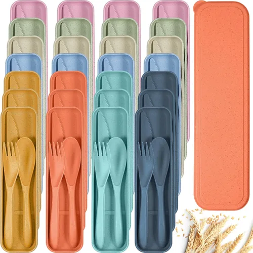 Miniatura 9 de Yahenda 28 Juegos de Utensilios de Viaje Reutilizables con Estuche, Cubiertos de Paja de Trigo Portátiles, Cuchara Cuchillo Tenedor, Vajilla