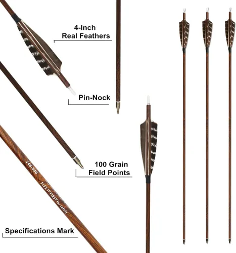 Miniatura 3 de Tiro con arco flechas de carbono de grano de madera eje 500 columna vertebral con plumas Fletching para caza tiro