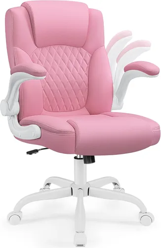 Silla de cuero PU con soporte ergonómico lumbar, gira 360°, pequeña, ruedas, reposabrazos ajustables, para gente chaparra, para escritorio, Rosa