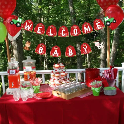 Miniatura 4 de Decoración de baby shower de animales de granja, pancarta roja para niñas, guirnalda de baby shower con temática de animales de granja, pancarta