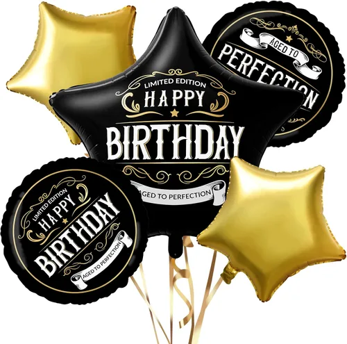 Decoraciones de feliz cumpleaños para hombres, color negro y dorado, mejor con globos de papel de aluminio, decoraciones de fiesta de cumpleaños