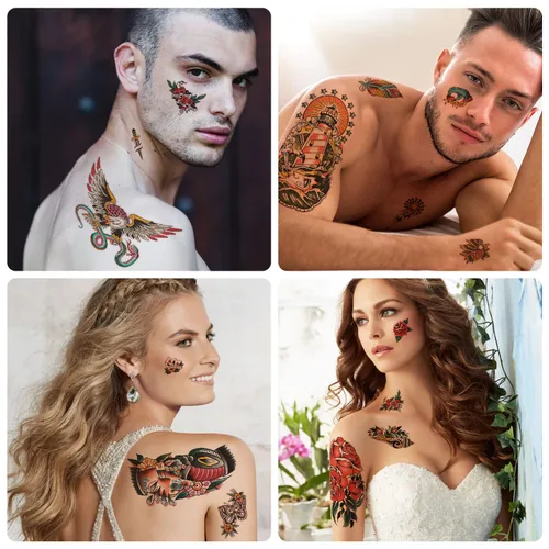 Miniatura 5 de 77 hojas de tatuajes temporales para mujeres y hombres, 17 hojas de tatuajes falsos de medio brazo, pecho y hombro, 60 hojas pequeñas para adultos