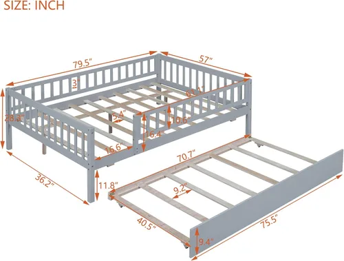 Miniatura 2 de P PURLOVE Sofá cama matrimonial con nido, marco de sofá cama con barandillas de valla, sofá cama de madera para niños, niñas y adolescentes jóvenes
