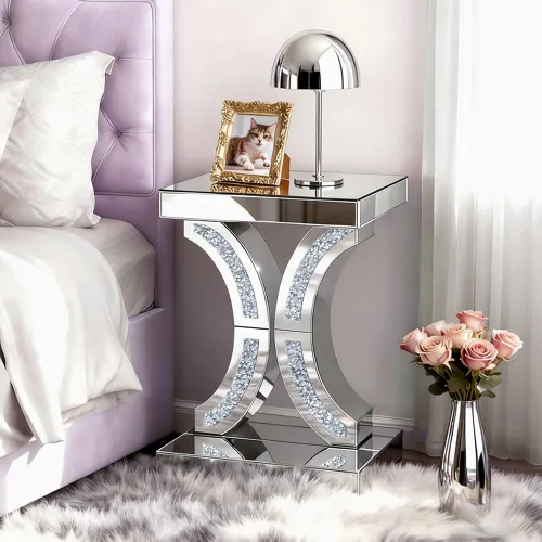 Miniatura 8 de Mesa auxiliar plateada con incrustaciones de cristal, mesa auxiliar moderna, mesa auxiliar cuadrada pequeña para sala de estar, dormitorio