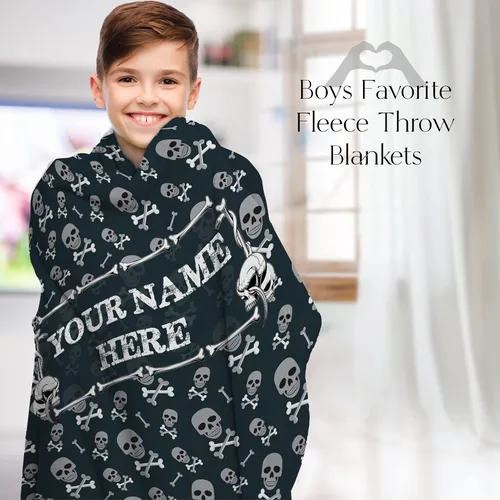 Miniatura 3 de Manta de esqueleto personalizada para niños, adolescentes o adultos, manta grande de felpa negra con tela de felpa suave, cálida, con calaveras
