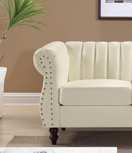 Miniatura 4 de Container Furniture Direct Sofá de piel sintética de 77 pulgadas inspirado en Chesterfield con diseño elegante, patas de calabaza y tapicería