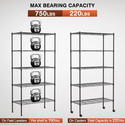 Miniatura 6 de FDW Estantes de almacenamiento ajustables, unidad de estantería de alambre de 5 niveles, estantes de metal resistente con ruedas, 14 pulgadas