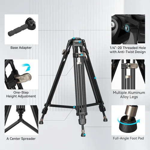 Miniatura 5 de SMALLRIG AD-80 FreeBlazer Trípode de aluminio resistente de aleación, trípode de video de 71 pulgadas con adaptador de cuenco de 75mm, ajuste