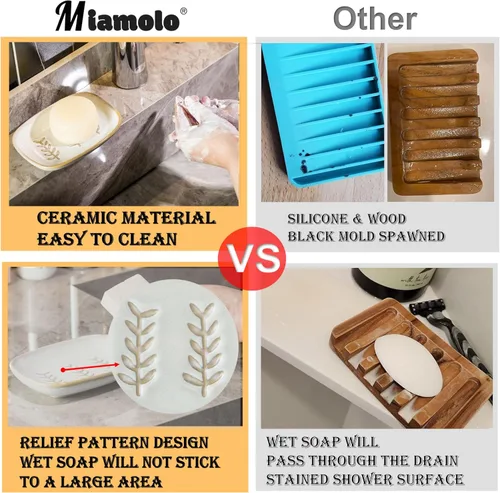 Miniatura 5 de Miamolo Jabonera limpiadora para ducha, jabonera de cerámica para barra de jabón grande, champú o esponja, bandeja ahorradora de jabón para baño