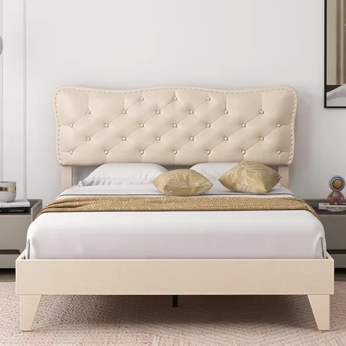 Miniatura 3 de Giantex Base de cama tamaño matrimonial color beige, plataforma tapizada de tela de lino con cabecera de clavos, base de colchón con botones