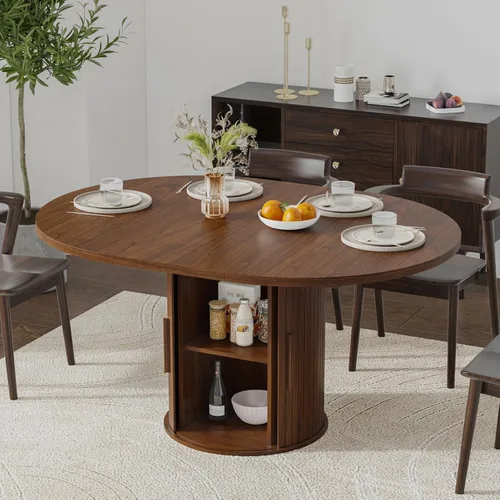 Miniatura 10 de Mesa de comedor redonda extensible de 43.3-59 pulgadas para 4-6-8, puerta corredera de madera estriada, mesa de cocina ovalada moderna, base