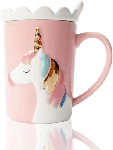 Taza de unicornio BigNoseDeer, linda taza de café de cerámica con tapa y cuchara, lindas tazas para café, té, leche, lindas cosas Regalos de