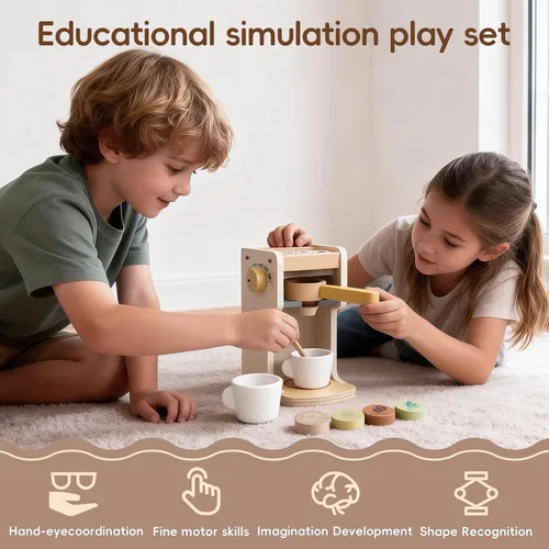 Miniatura 5 de Freniland Juguete clásico de madera para cafetera, juego para preparar y servir para niños pequeños, juguete educativo de cocina para niños a partir