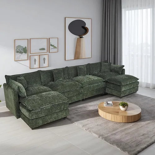 Miniatura 19 de Setawix Sofá Profundo de 3 Plazas con Otomana, Sofás de Nube en Forma de L de 112.2" para Sala de Estar, Sofá de Nube de Chenilla con Asiento Café