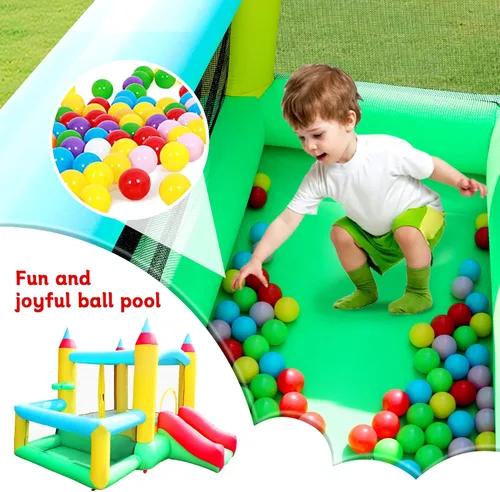 Miniatura 4 de WELLFUNTIME - Casa inflable para saltar con tobogán, 107x106x80 pulgadas, castillo hinchable con soplador y piscina de pelotas, juego de baloncesto