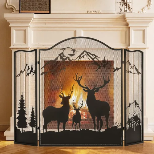 Miniatura 9 de Pantalla de Chimenea de Doble Puerta 5 en 1 49.6''x 30.7'' Grande 3 Paneles Plegable de Hierro Forjado Independiente Pantalla de Chimenea Rústica