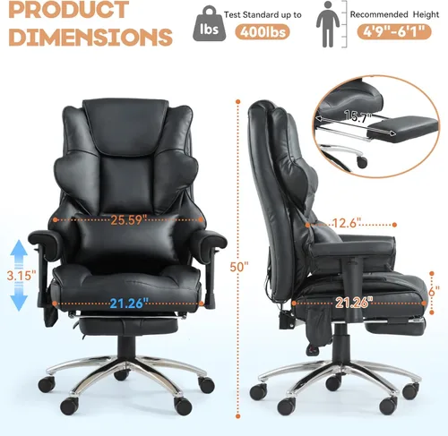 Miniatura 3 de Silla de Oficina de Masaje con Reposapiés, Silla de Oficina Ejecutiva Ergonómica con Calefacción y Respaldo Reclinable, Brazos Ajustables y Soporte