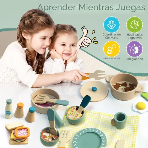 Miniatura 4 de Accesorios de cocina de madera para niños, ollas y sartenes de madera para jugar cocina, juguetes de simulación, juego de comida de madera