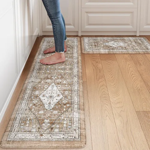 Miniatura 31 de Collive Alfombras y Tapetes Boho para Cocina 2 PIEZAS Alfombra Antifatiga Acolchada, Juego de 2 Alfombras de Cocina Impermeables Antideslizantes