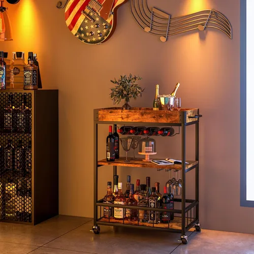 Miniatura 2 de Carro de servicio para bar con soporte para vino de 3 niveles para el hogar, con ruedas, móvil, estilo industrial vintage, carretilla de servicio