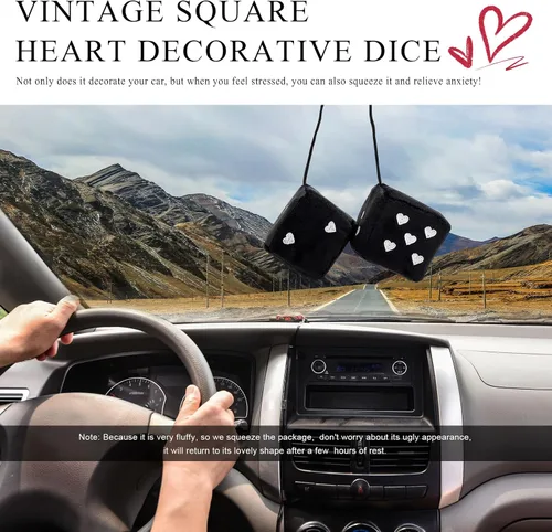 Miniatura 5 de 1 par de dados de felpa mullidos para espejo de automóvil, dados cuadrados retro de 3 pulgadas con forma de corazón, adorno colgante de dados retro