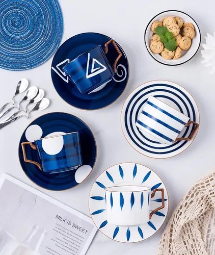 Miniatura 2 de Jusalpha Estilo japonés impreso a mano - Taza de té de porcelana fina de 7 onzas/taza de café con cuchara y bandeja/platillo, vajilla, porción de 4