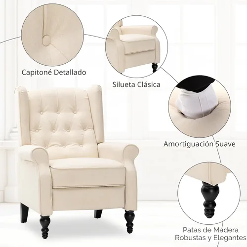 Miniatura 3 de Silla reclinable de ala de mediados de siglo para adultos, sillas reclinables modernas de tela de lino con respaldo acolchado con botones y Beige