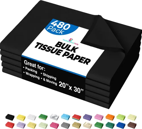 Party Solids Papel de Seda Negro para Bolsas de Regalo - Papel de Seda a Granel Negro de 20" X 30", 480 Hojas - Papel Prensa de 10 lb para Embalaje,