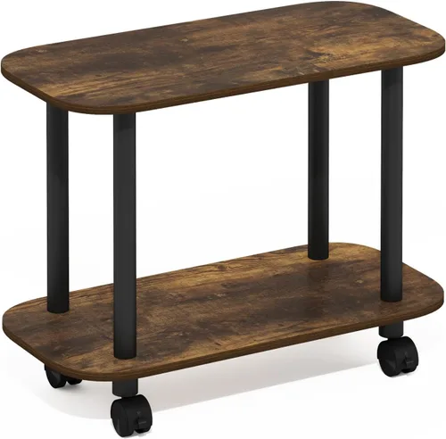 Miniatura 5 de Furinno Turn-N-Tube - Mesa auxiliar ovalada de 2 niveles con ruedas, mesita de noche de montaje sin herramientas, mesa de noche con estante abierto