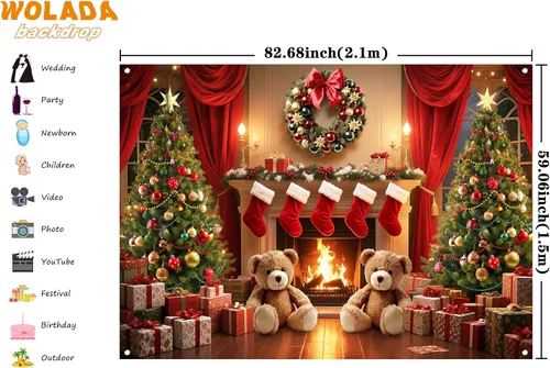 Miniatura 3 de Banner de Decoración de Chimenea de Navidad de Tela Telón de Fondo para Fotos Árbol de Navidad Corona Velas Calcetines de Chimenea Ambiente