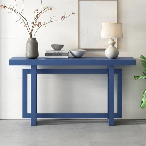 Mesa consola contemporánea con parte superior de madera de hormigón de inspiración industrial, mesa de entrada extra larga con patas de madera para