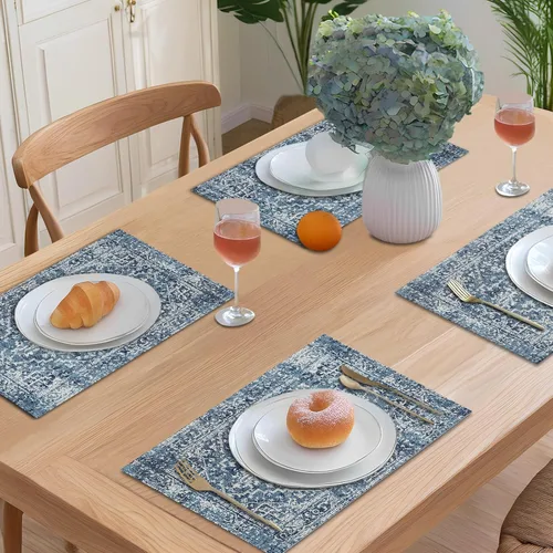 Miniatura 3 de Juego de 4 manteles individuales color azul bohemio para interiores, tela de lino étnica, lavables, resistentes al calor, para mesas de cocina