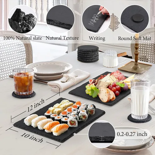 Miniatura 2 de Paquete de 4 tablas de queso de pizarra de 12 x 10 pulgadas, platos de piedra negra, bandeja de charcutería, bandeja de queso gourmet con tizas