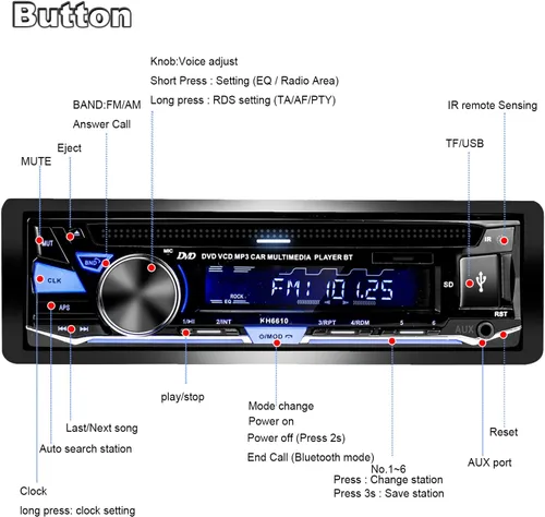 Miniatura 8 de Estéreo de coche de un solo DIN con reproductor de CD/DVD Bluetooth Radio FM/AM/RDS Receptor de audio USB SD AUX