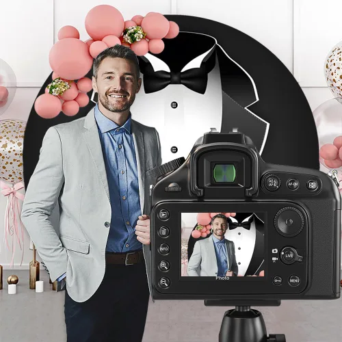 Miniatura 4 de YongFoto Gentleman Traje de Esmoquin Negro Telón de Fondo Redondo de 2m Ancho con Corbata de Moño Negro y Blanco para Fotografía de Niño, Hombre