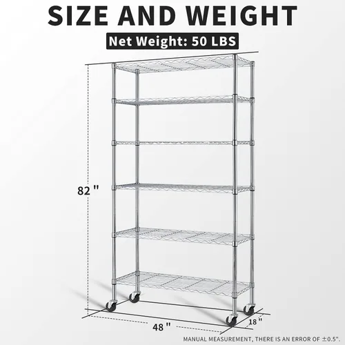 Miniatura 3 de HCY Estante de almacenamiento de 6 niveles, estantería de almacenamiento resistente, estante de metal ajustable en altura NSF con ruedas para Cromado