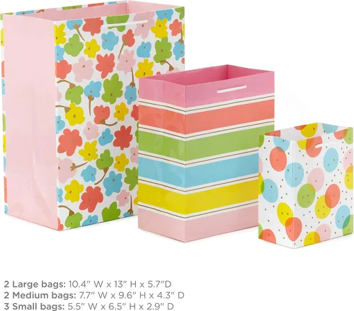 Miniatura 3 de Hallmark Bolsas de regalo de Pascua en varios tamaños (8 bolsas: 3 pequeñas 6", 3 medianas 9", 2 grandes 13") lunares, rayas arcoíris, flores