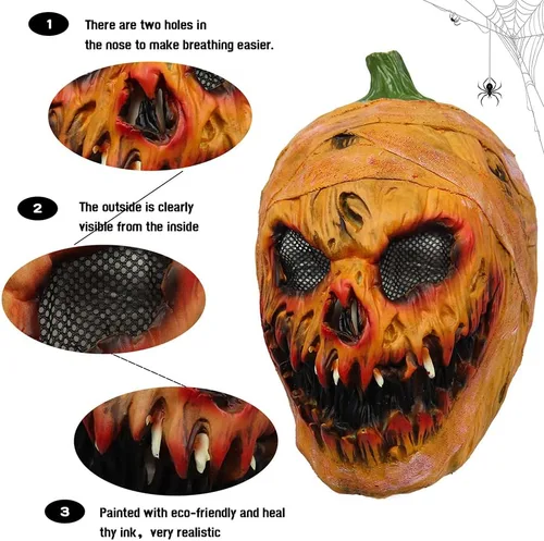 Miniatura 3 de Máscara de calabaza de Halloween, máscara de monstruo de calabaza aterradora, máscara de látex de cabeza completa espeluznante para fiesta