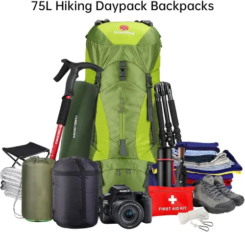 Miniatura 6 de Mochila de senderismo para hombres y mujeres, 70L+5L, impermeable, ligera, mochila de camping con cubierta de lluvia para viajes al aire libre Verde